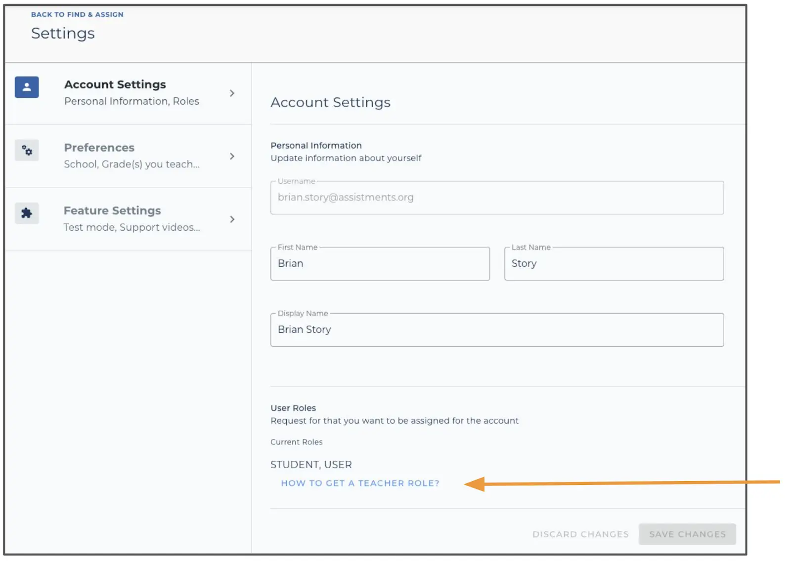 ASSISTments account setting image