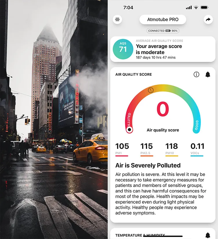 Ein Screenshot zeigt die stark verschmutzte Luft im Bundesstaat New York mit einem Atmotube-Luftqualitätswert von Null.