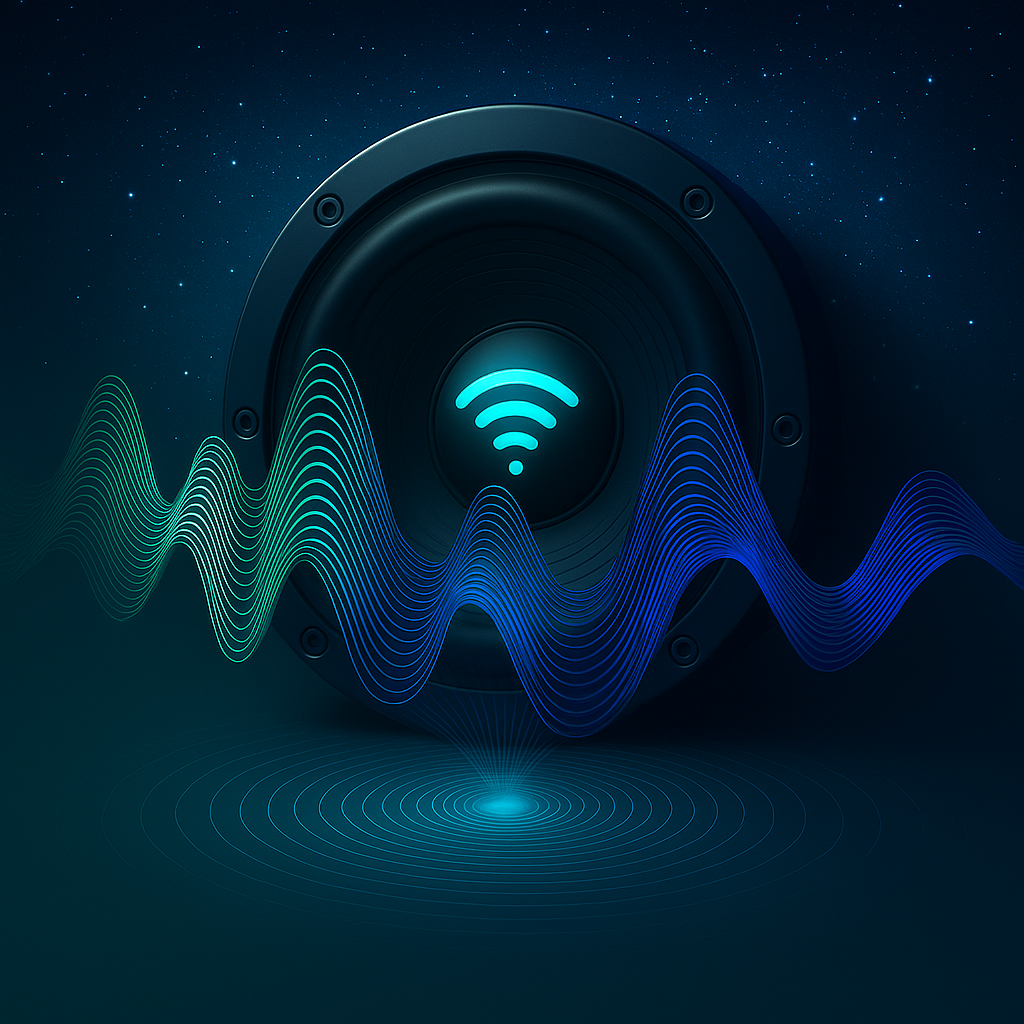 Image of a speaker cone and showing wireless audio transport
