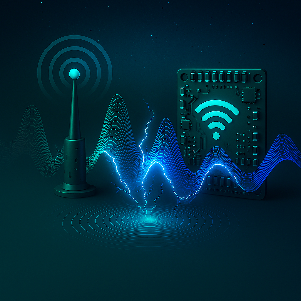 Wireless transmitter and reciever image showing wireless audio technology
