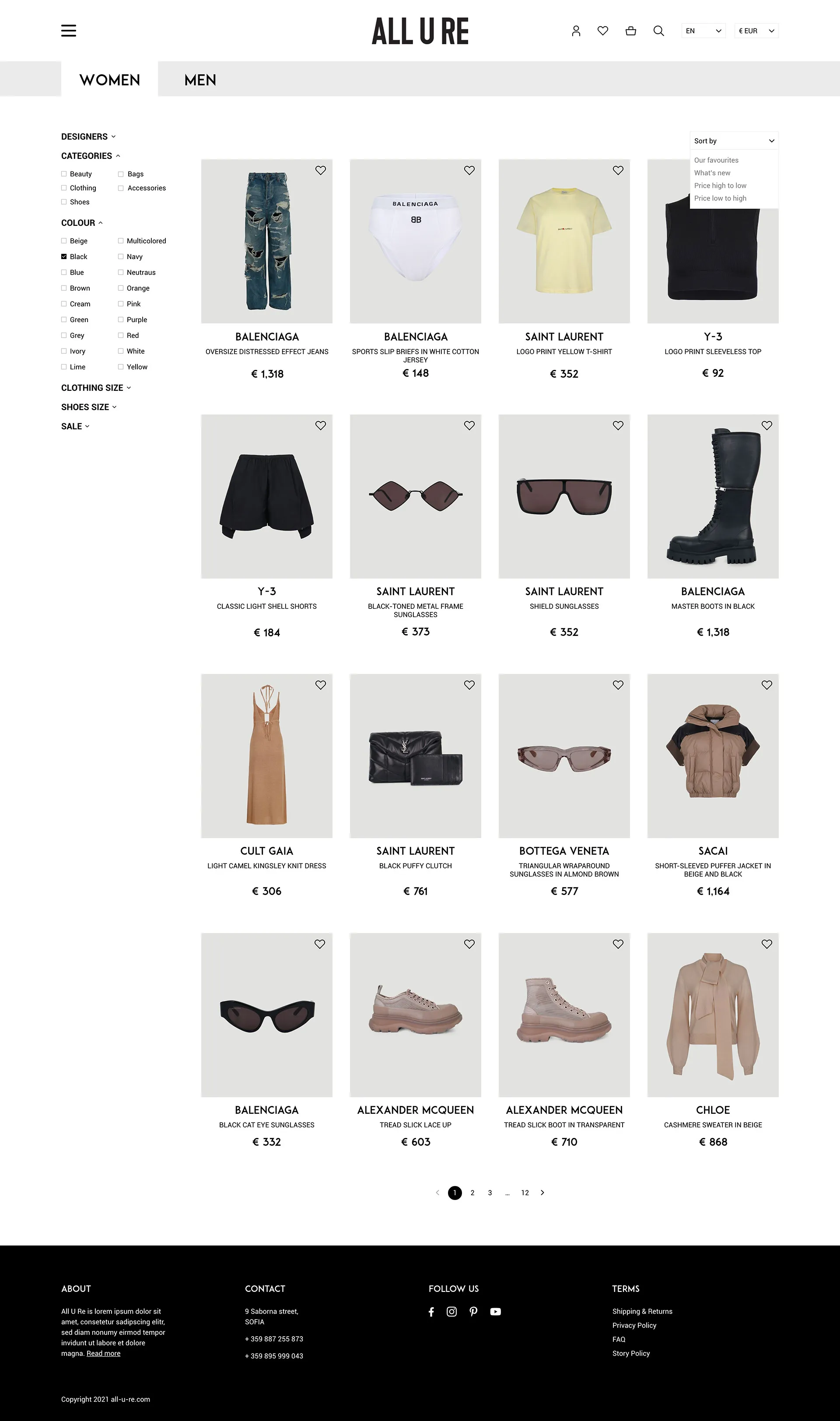 ALL-U-RE desktop screen – products list page