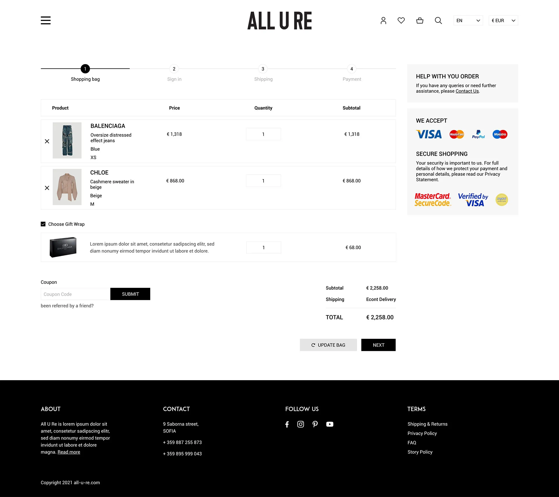 ALL-U-RE desktop screen – checkout first step