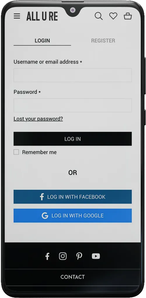 ALL-U-RE mobile screen – login
