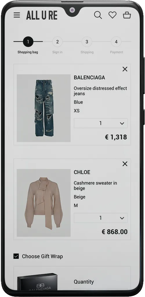 ALL-U-RE mobile screen – checkout first step