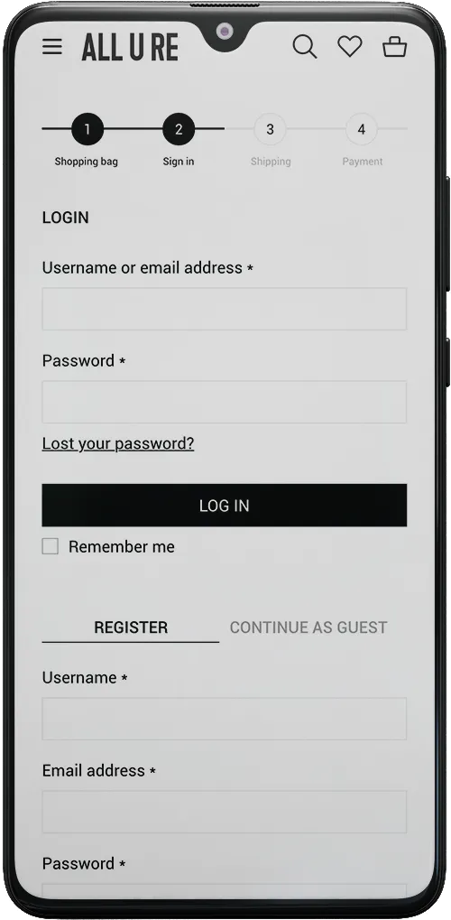 ALL-U-RE mobile screen – checkout second step