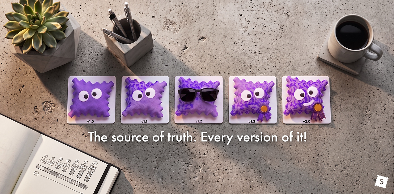 Five cards on a concrete desk demonstrating swatchbook version control, showing the purple Swatch-O character evolving from version 1.0 to version 2.0 with added patterns, sunglasses, a medal, and a smile. Text overlay reads: "The source of truth. Every version of it!"