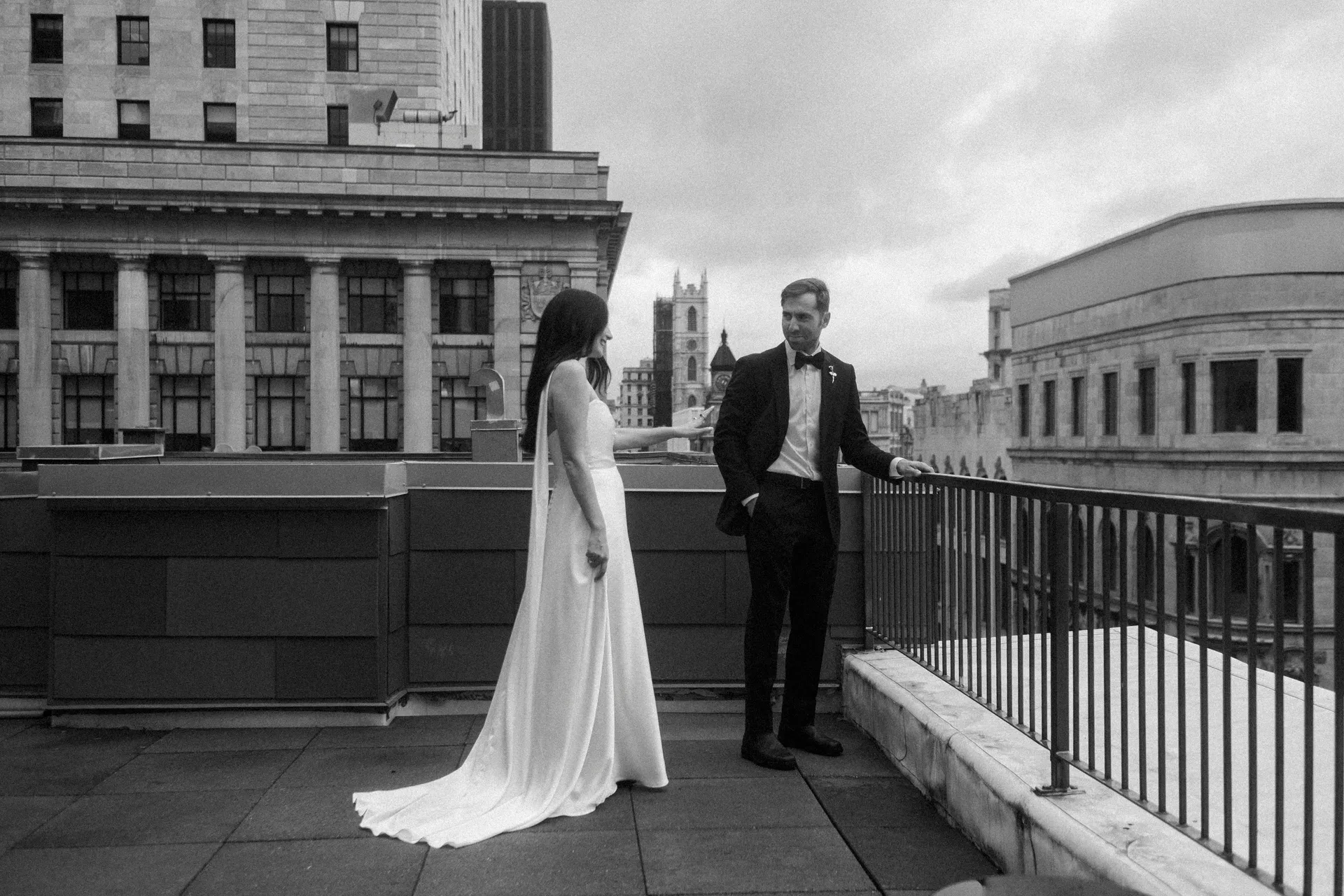 bride and groom on rooftop st-henri wedding