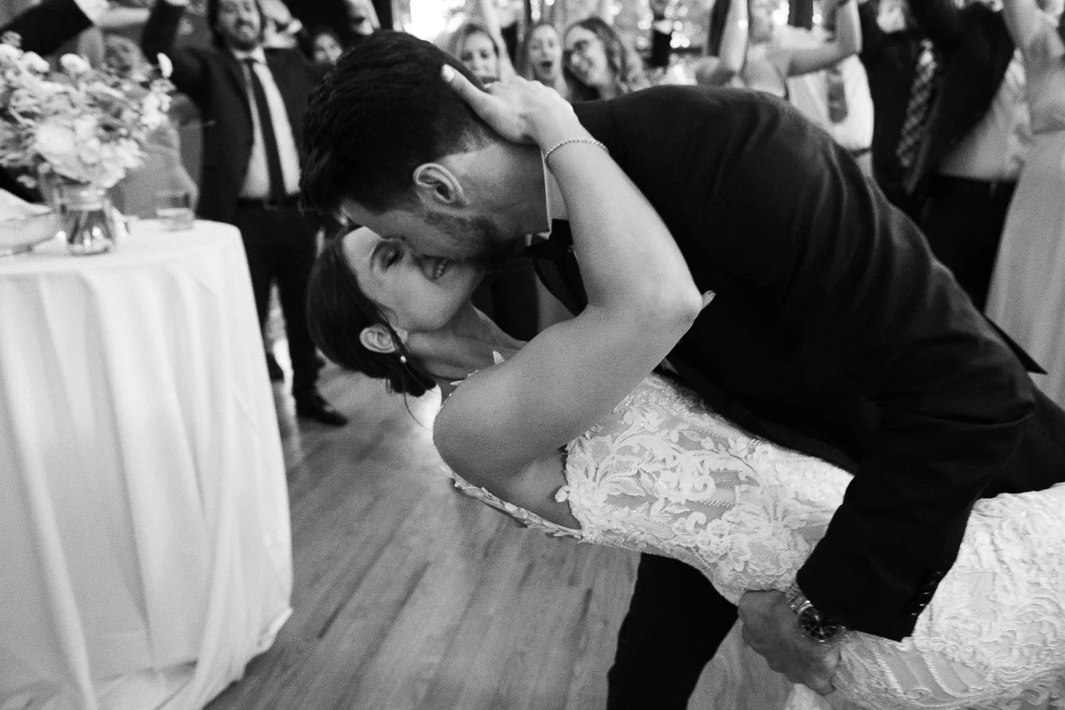 black and white montreal wedding with bride and groom dancing