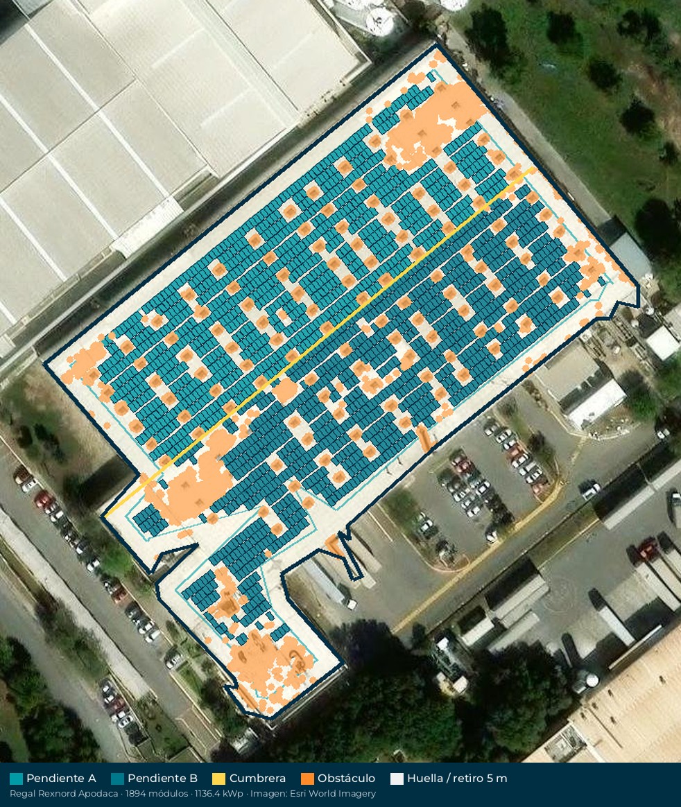 Acomodo preliminar de paneles solares en el techo de Regal Rexnord