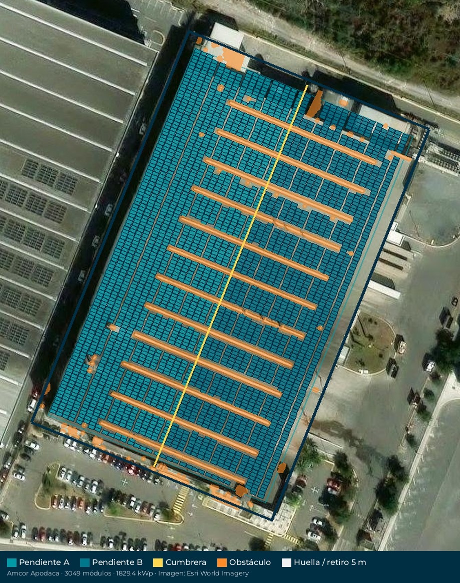 Acomodo preliminar de paneles solares en el techo de Amcor