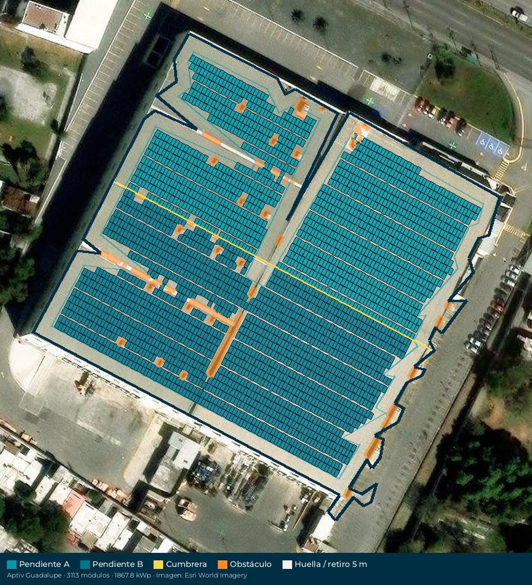 Acomodo preliminar de paneles solares en el techo de Aptiv