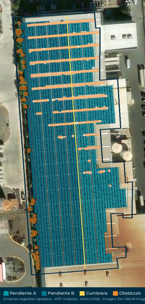 Acomodo preliminar de paneles solares en el techo de Emerson Appleton