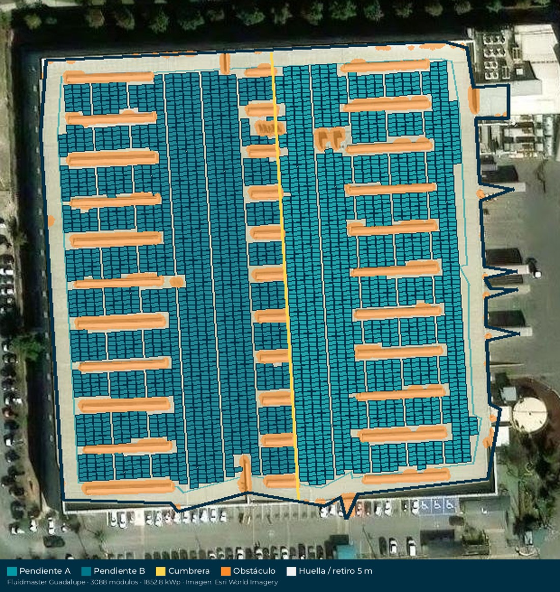 Acomodo preliminar de paneles solares en el techo de Fluidmaster