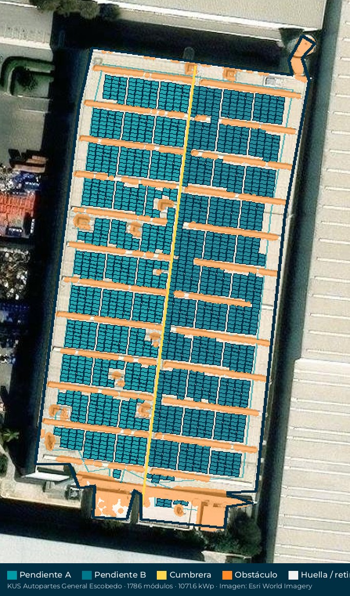 Acomodo preliminar de paneles solares en el techo de KUS Autopartes