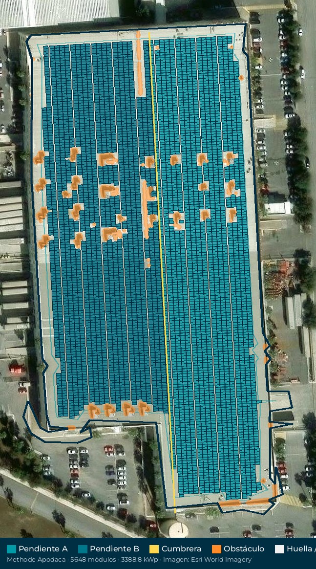 Acomodo preliminar de paneles solares en el techo de Methode