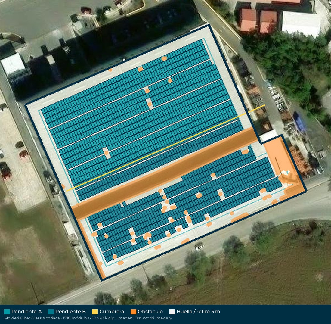 Acomodo preliminar de paneles solares en el techo de Molded Fiber Glass