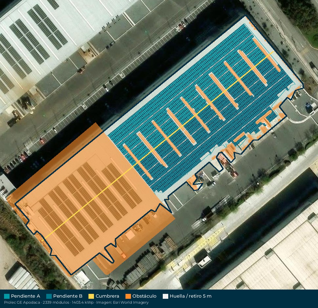 Acomodo preliminar de paneles solares en el techo de Prolec GE