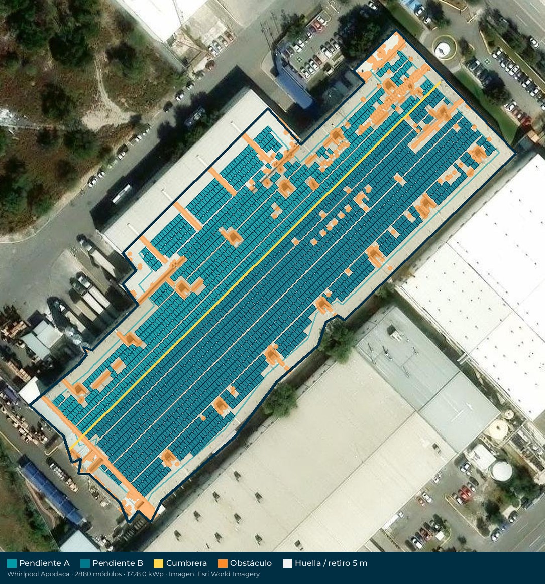 Acomodo preliminar de paneles solares en el techo de Whirlpool
