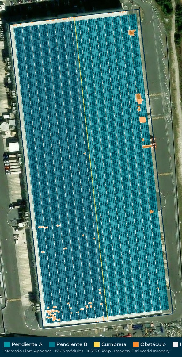 Acomodo preliminar de paneles solares en el techo de Mercado Libre
