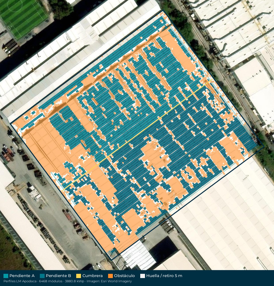 Acomodo preliminar de paneles solares en el techo de Perfiles LM