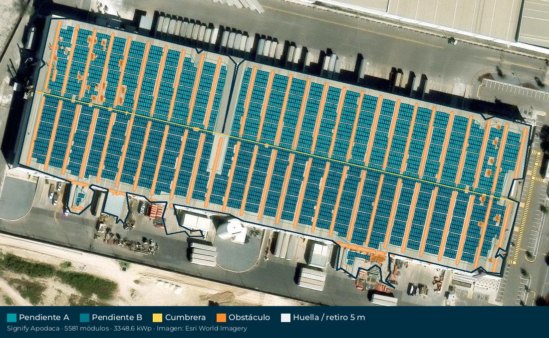 Acomodo preliminar de paneles solares en el techo de Signify