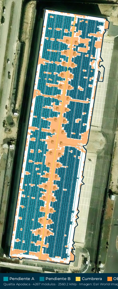 Acomodo preliminar de paneles solares en el techo de Qualtia