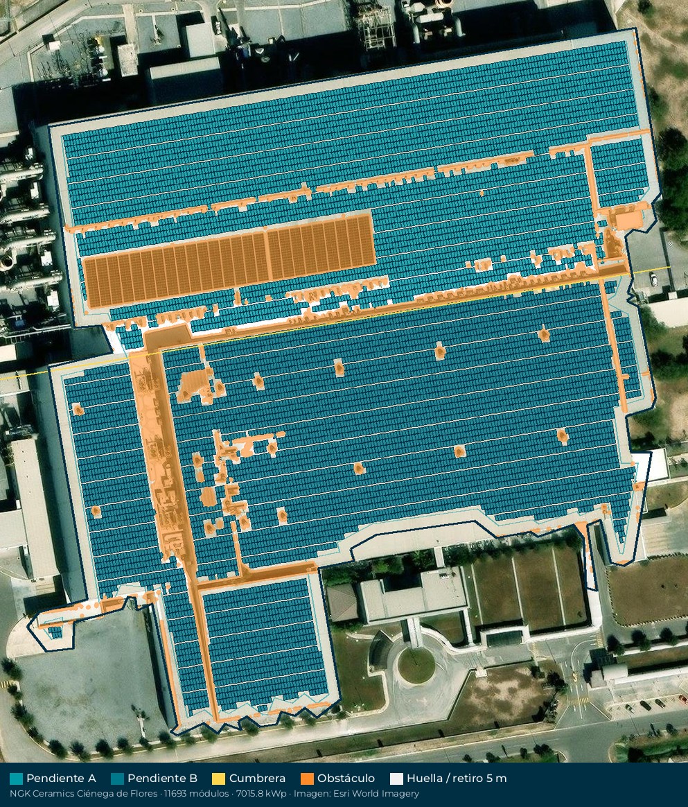 Acomodo preliminar de paneles solares en el techo de NGK Ceramics