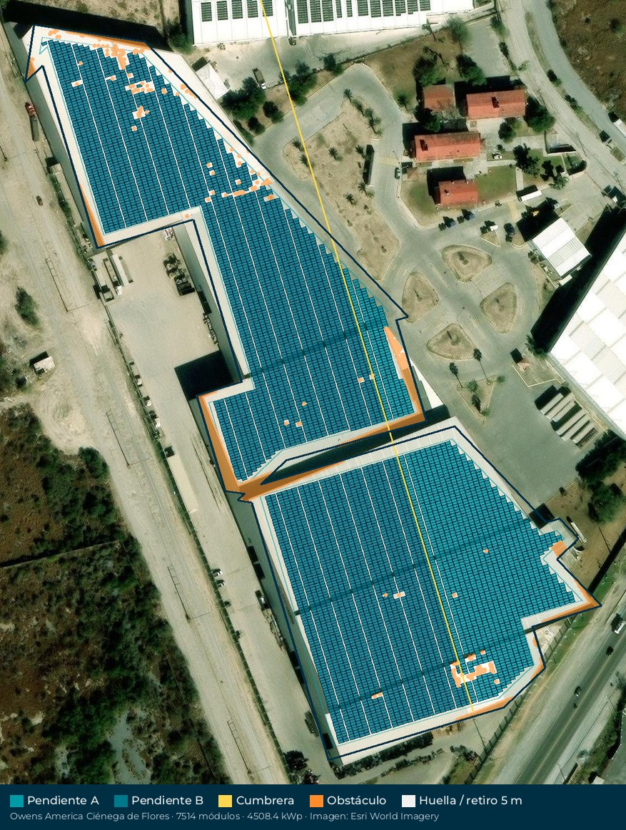 Acomodo preliminar de paneles solares en el techo de Owens America