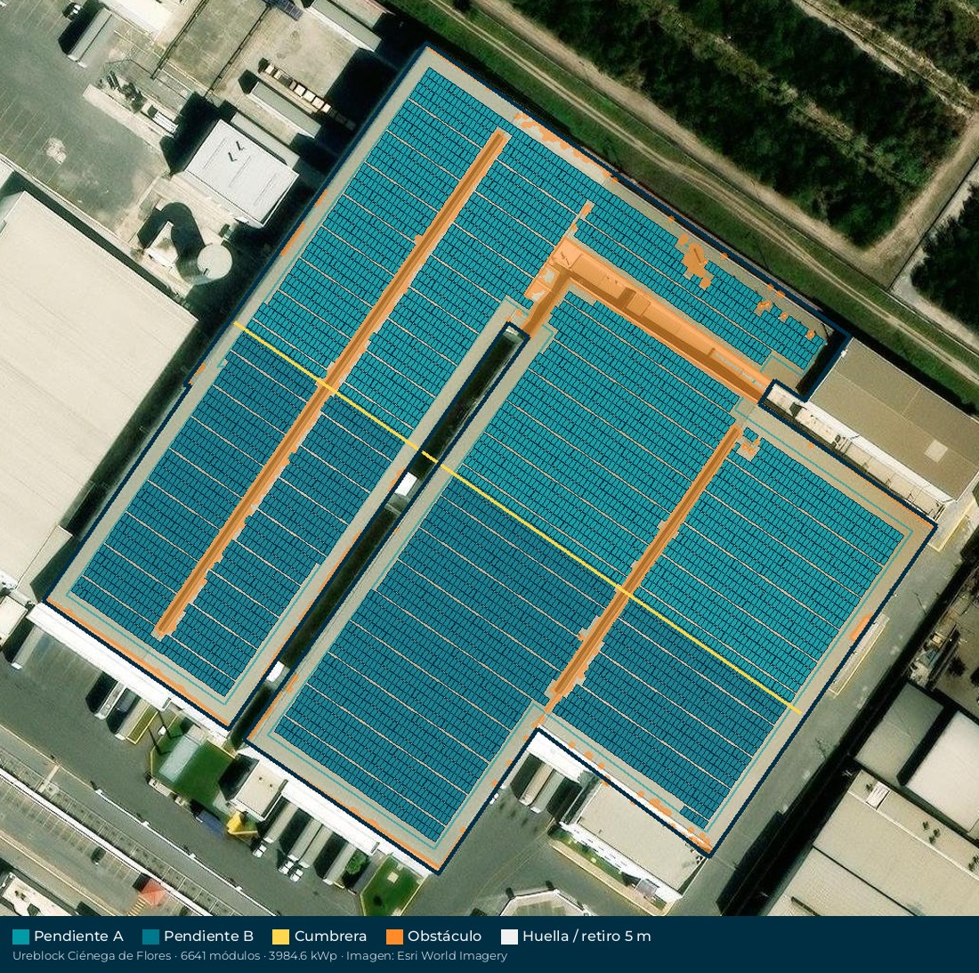 Acomodo preliminar de paneles solares en el techo de Ureblock