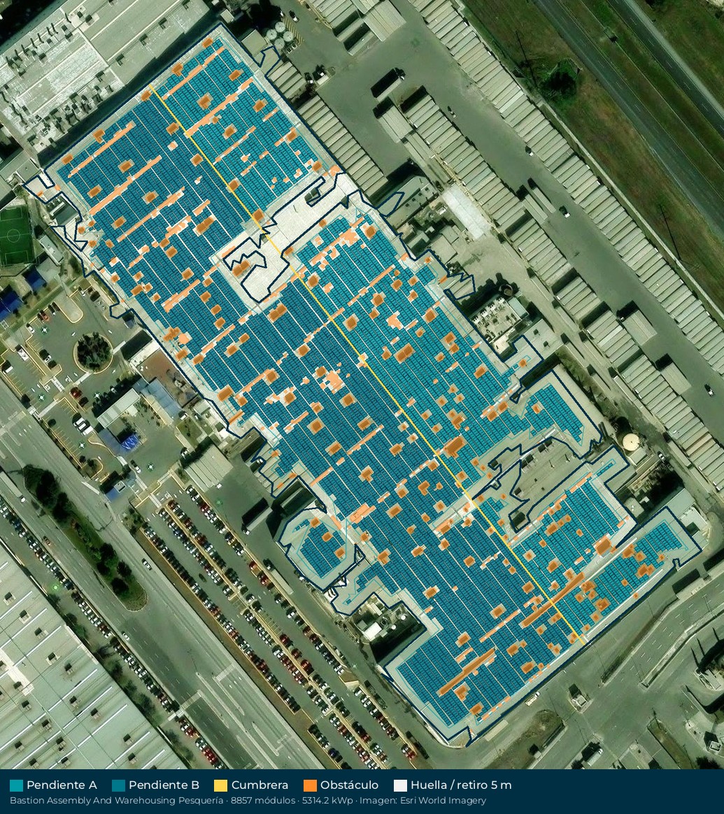 Acomodo preliminar de paneles solares en el techo de Bastion Assembly And Warehousing