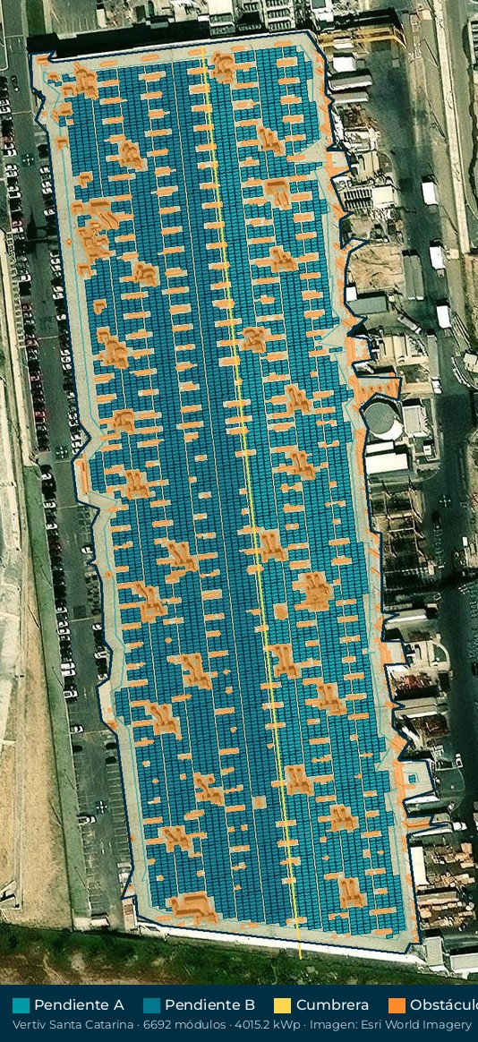 Acomodo preliminar de paneles solares en el techo de Vertiv