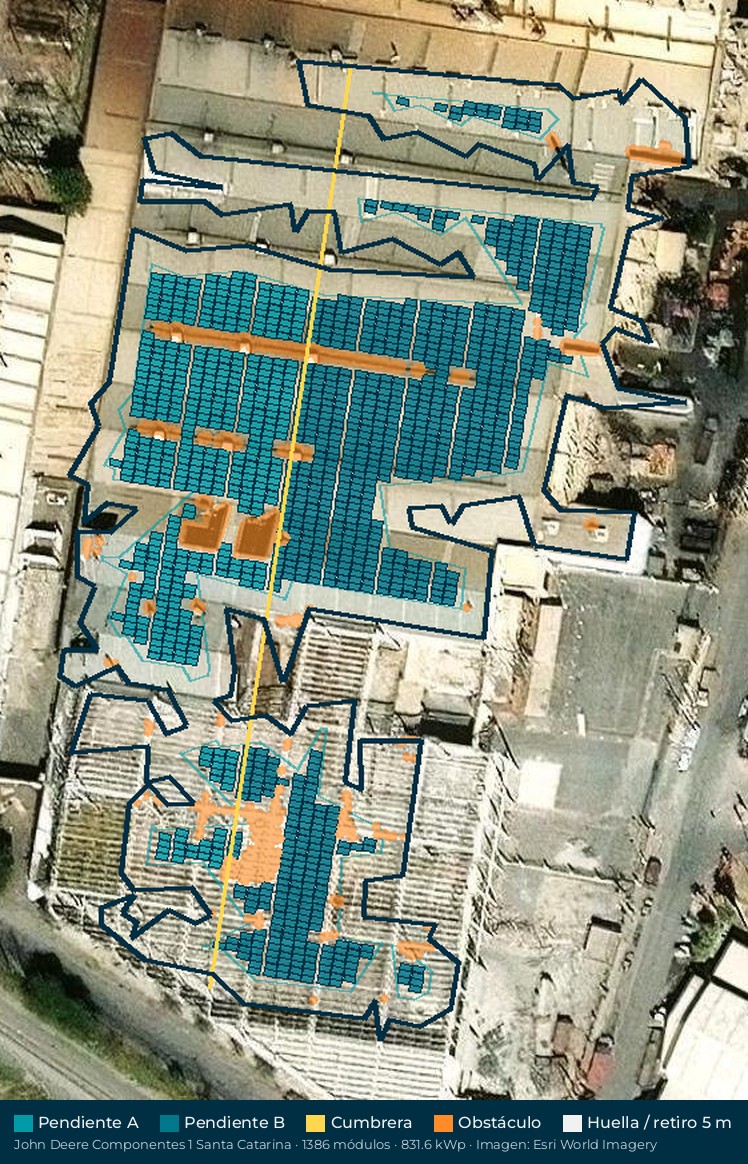 Acomodo preliminar de paneles solares en el techo de John Deere Componentes 1