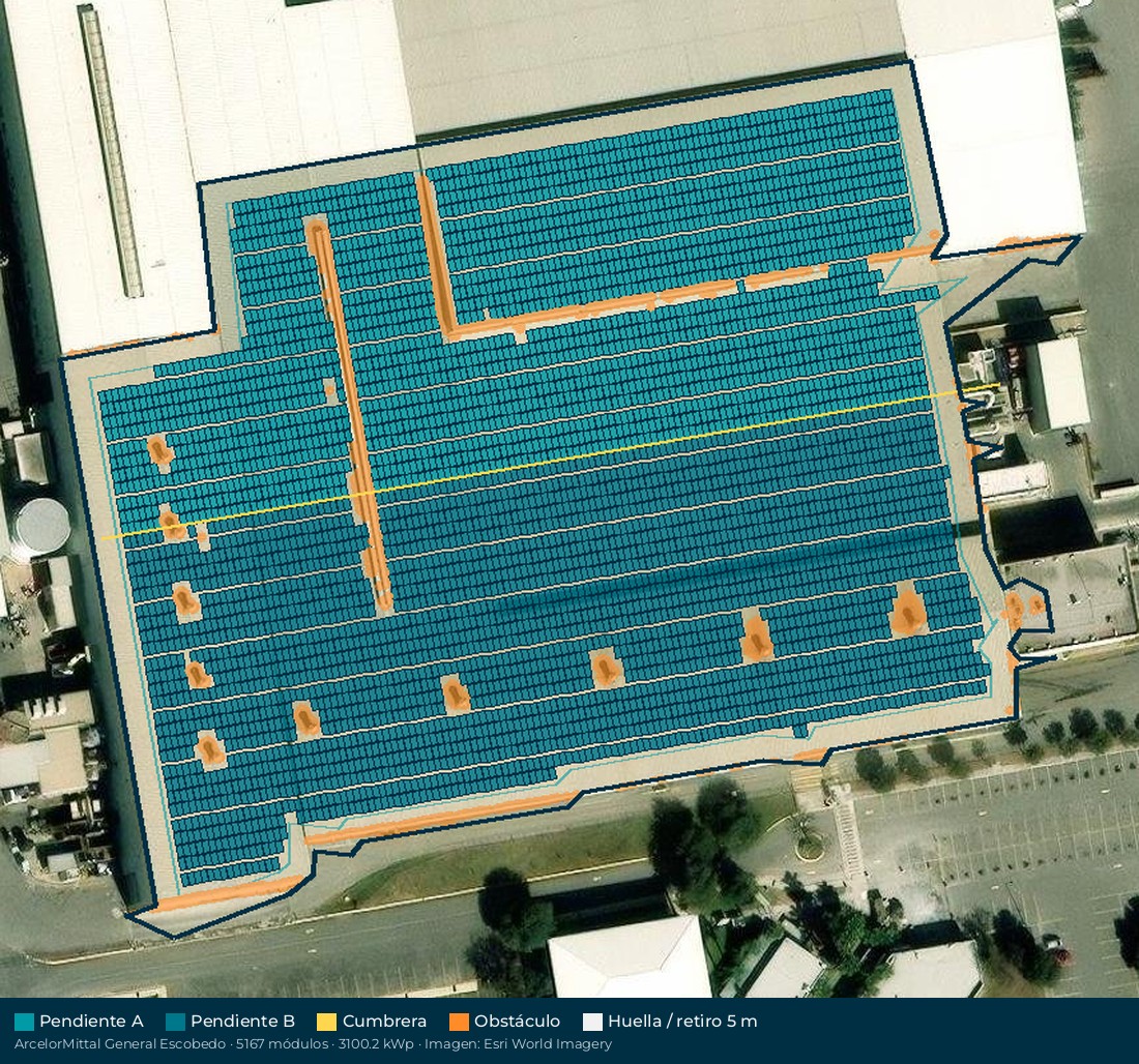 Acomodo preliminar de paneles solares en el techo de ArcelorMittal