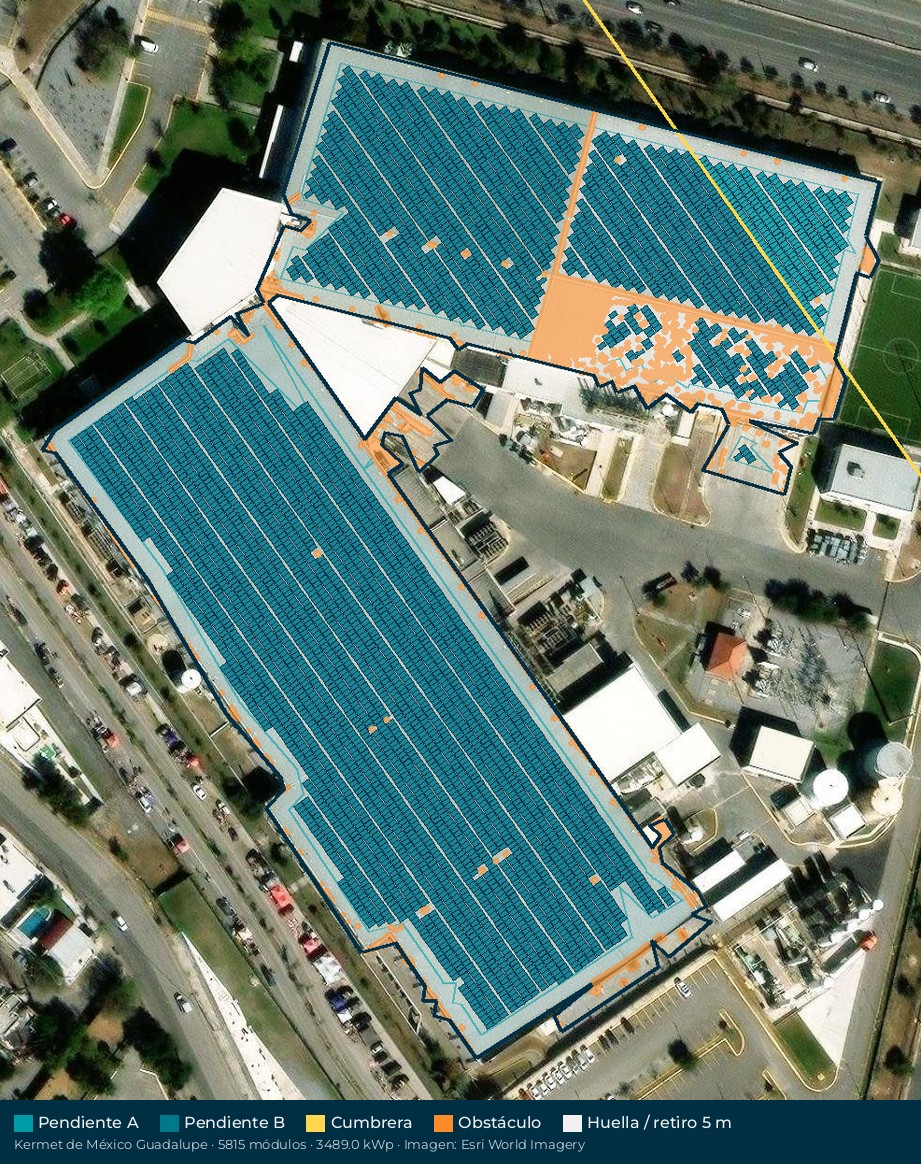 Acomodo preliminar de paneles solares en el techo de Kermet de México