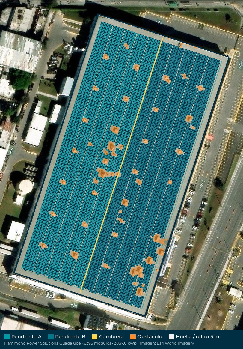 Acomodo preliminar de paneles solares en el techo de Hammond Power Solutions