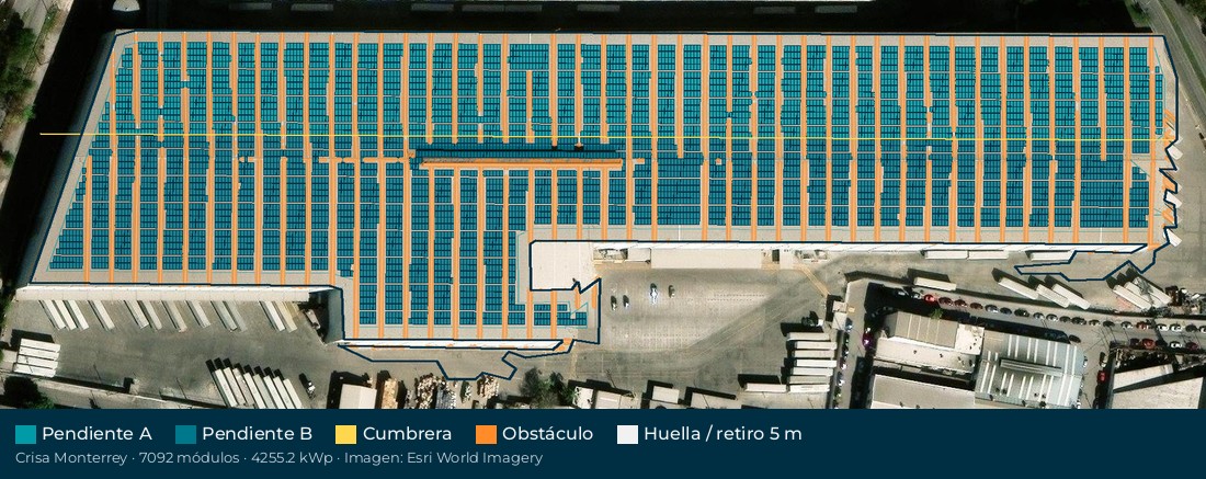 Acomodo preliminar de paneles solares en el techo de Crisa