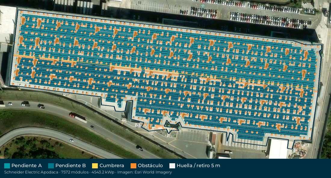 Acomodo preliminar de paneles solares en el techo de Schneider Electric