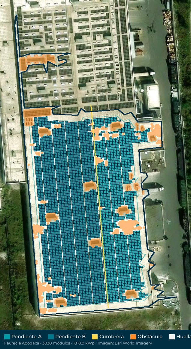 Acomodo preliminar de paneles solares en el techo de Faurecia