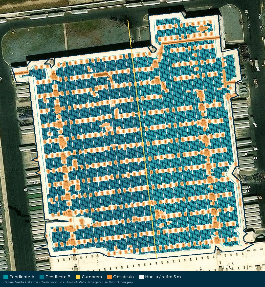 Acomodo preliminar de paneles solares en el techo de Carrier