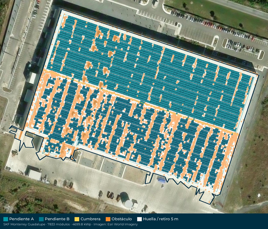 Acomodo preliminar de paneles solares en el techo de SKF Monterrey