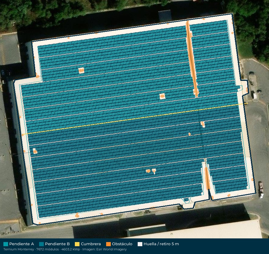 Acomodo preliminar de paneles solares en el techo de Ternium