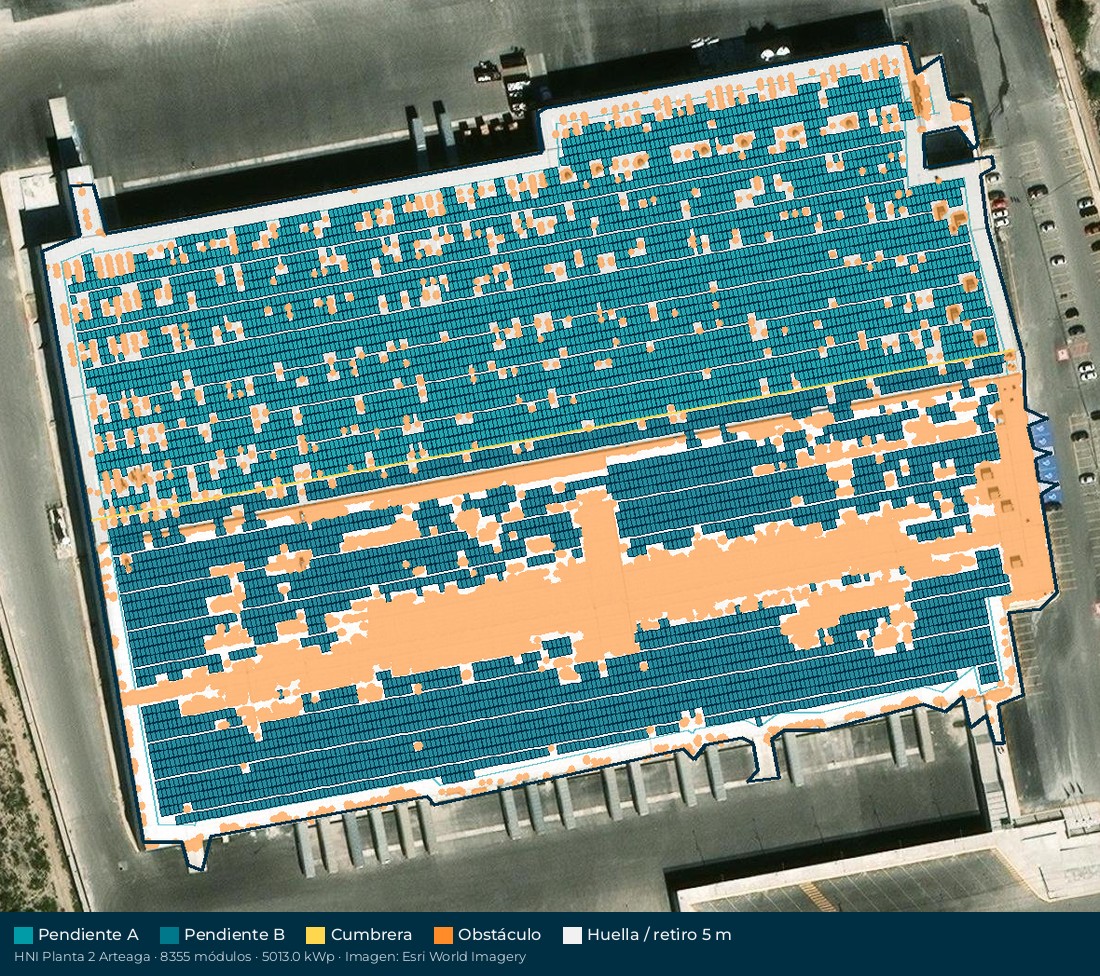 Acomodo preliminar de paneles solares en el techo de HNI Planta 2