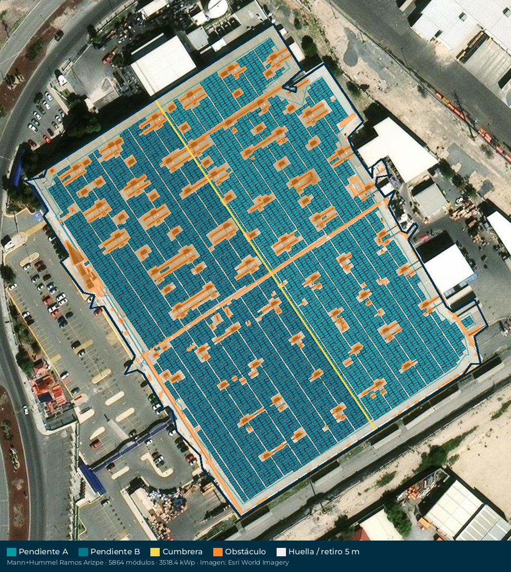 Acomodo preliminar de paneles solares en el techo de Mann+Hummel