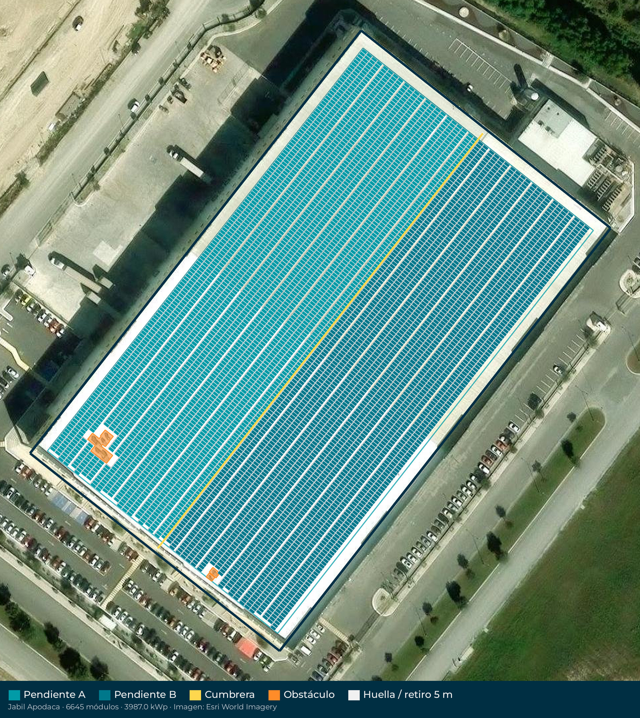 Acomodo preliminar de paneles solares en el techo de Jabil