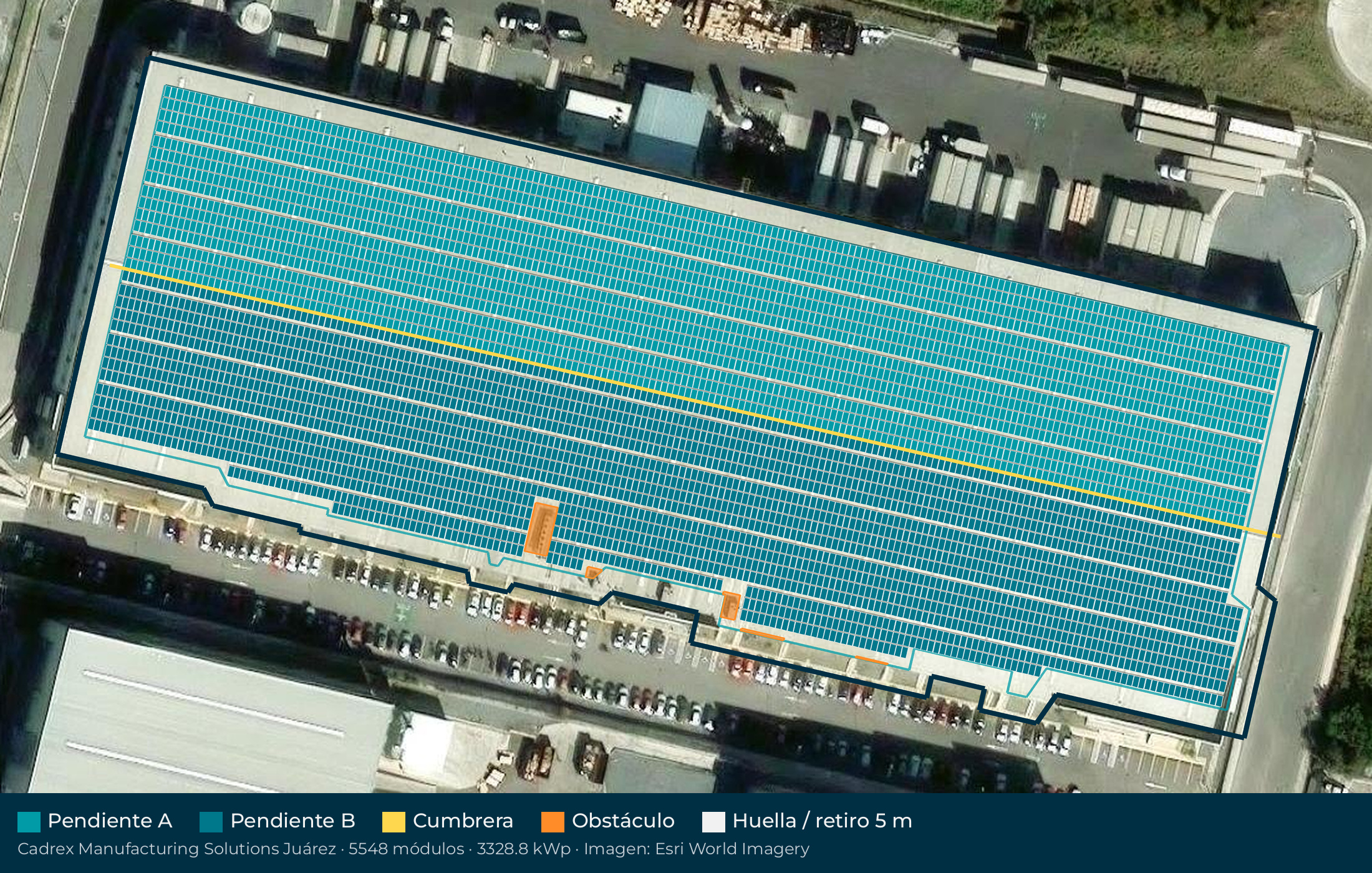 Acomodo preliminar de paneles solares en el techo de Cadrex Manufacturing Solutions