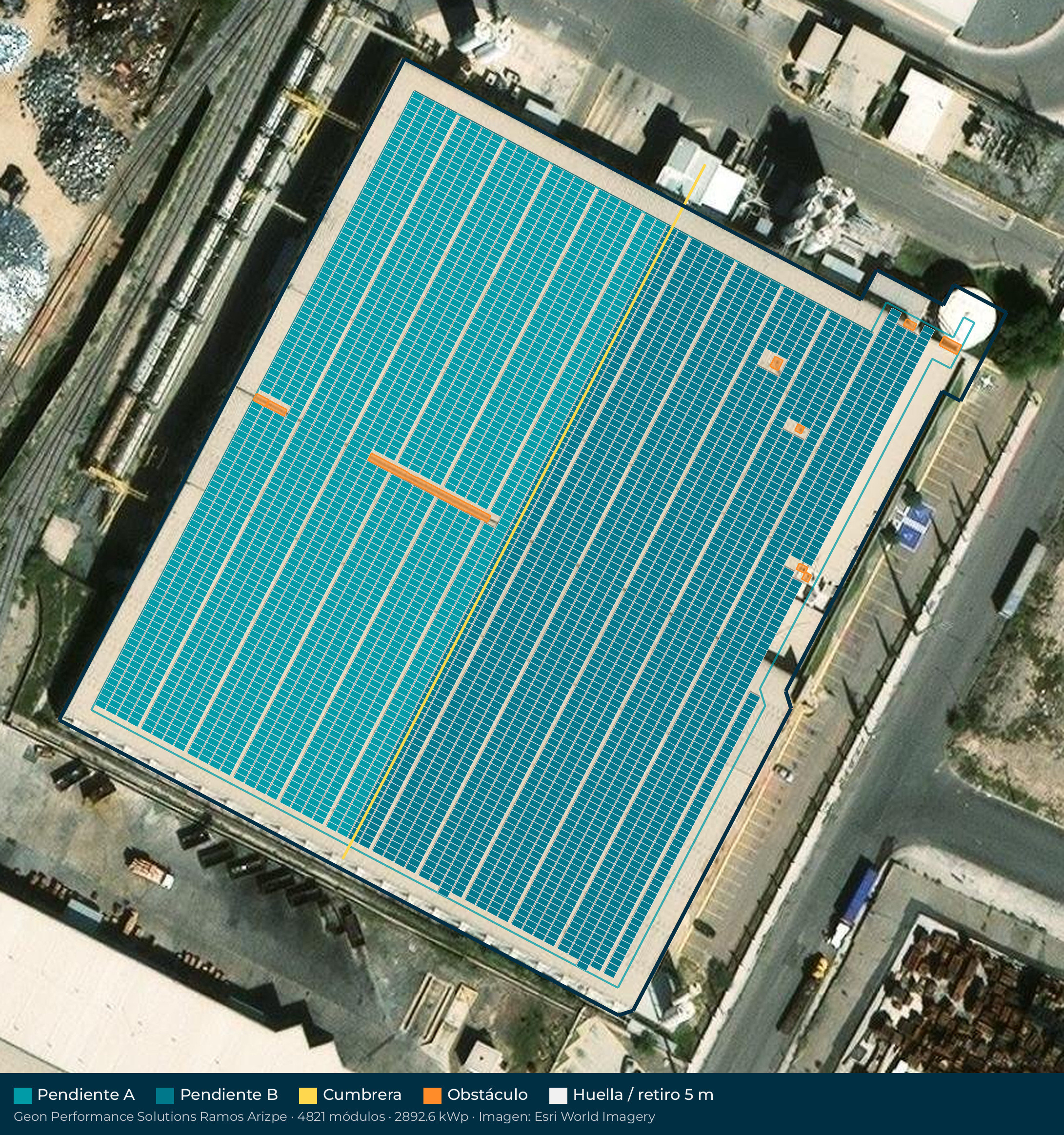 Acomodo preliminar de paneles solares en el techo de Geon Performance Solutions