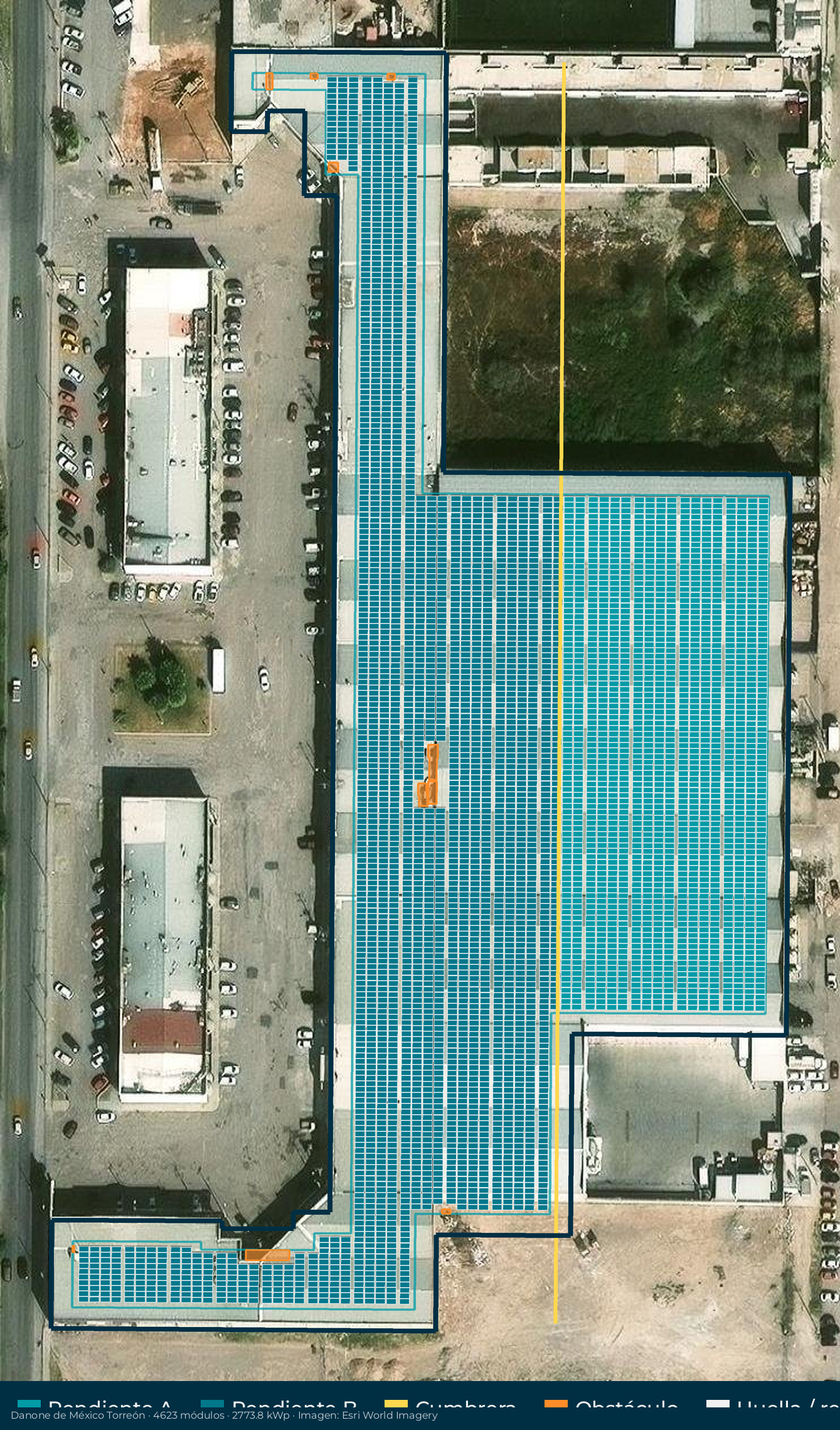 Acomodo preliminar de paneles solares en el techo de Danone de México