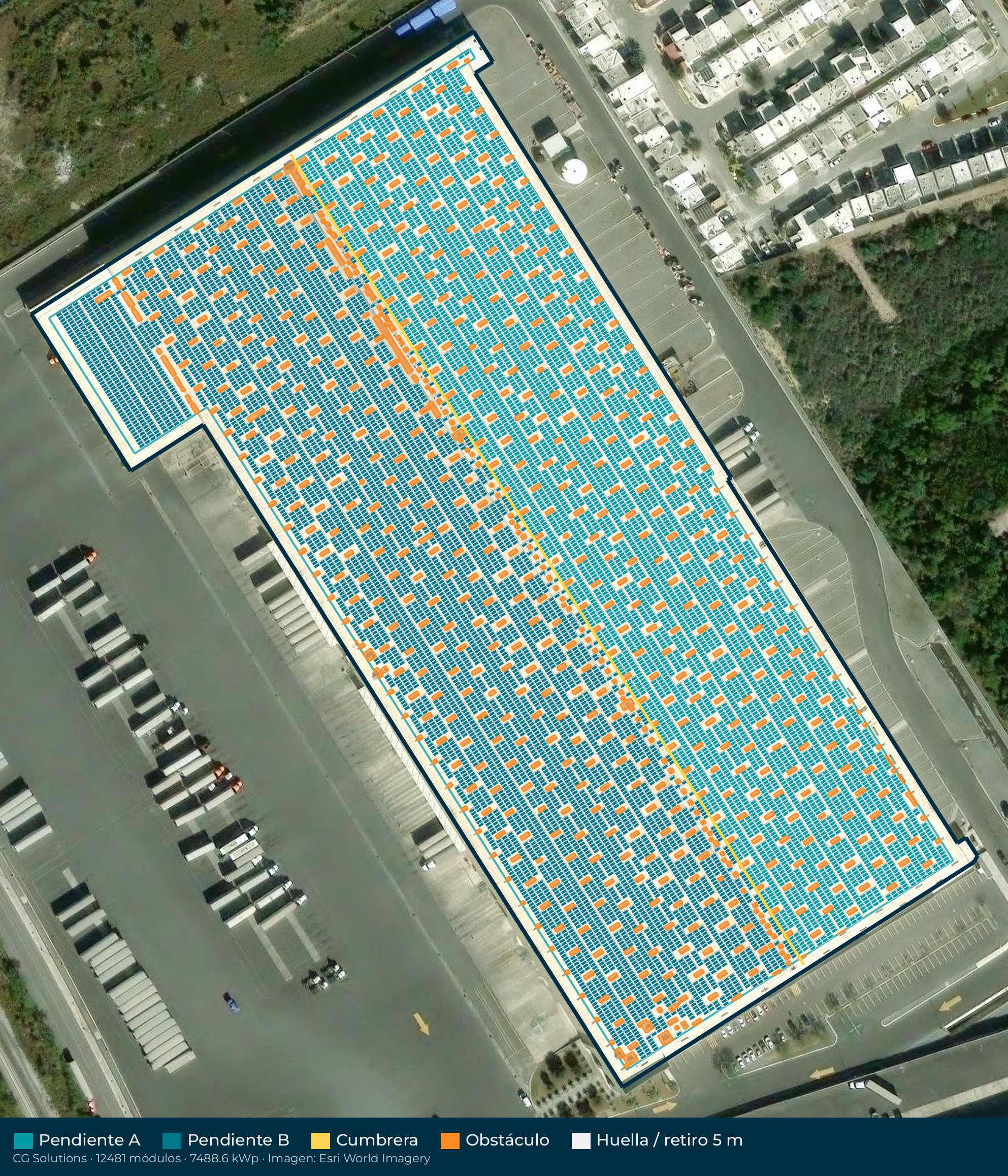 Acomodo preliminar de paneles solares en el techo de CG Solutions