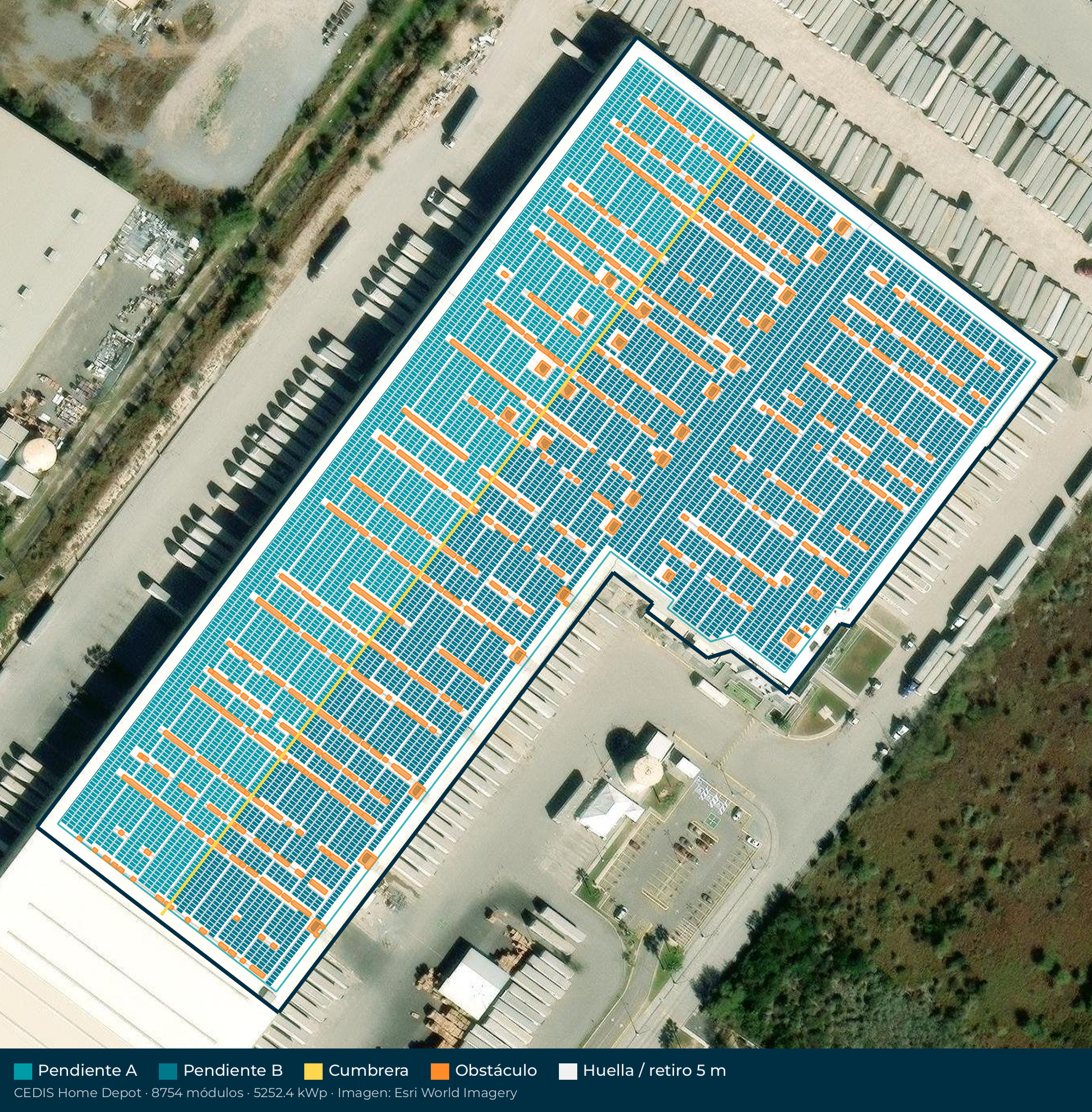 Acomodo preliminar de paneles solares en el techo de CEDIS Home Depot