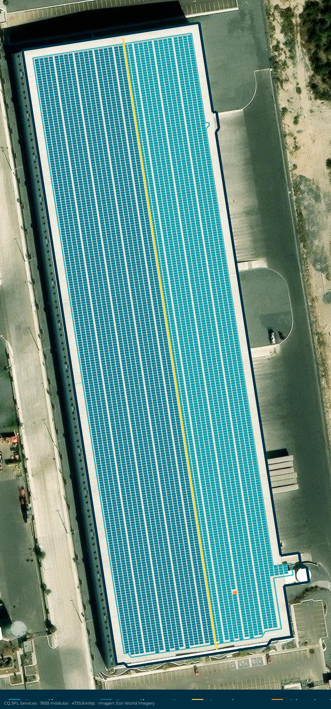 Acomodo preliminar de paneles solares en el techo de CQ 3PL Services